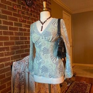 Blue and green paisley long sleeve top with bell sleeve & lace detail size small